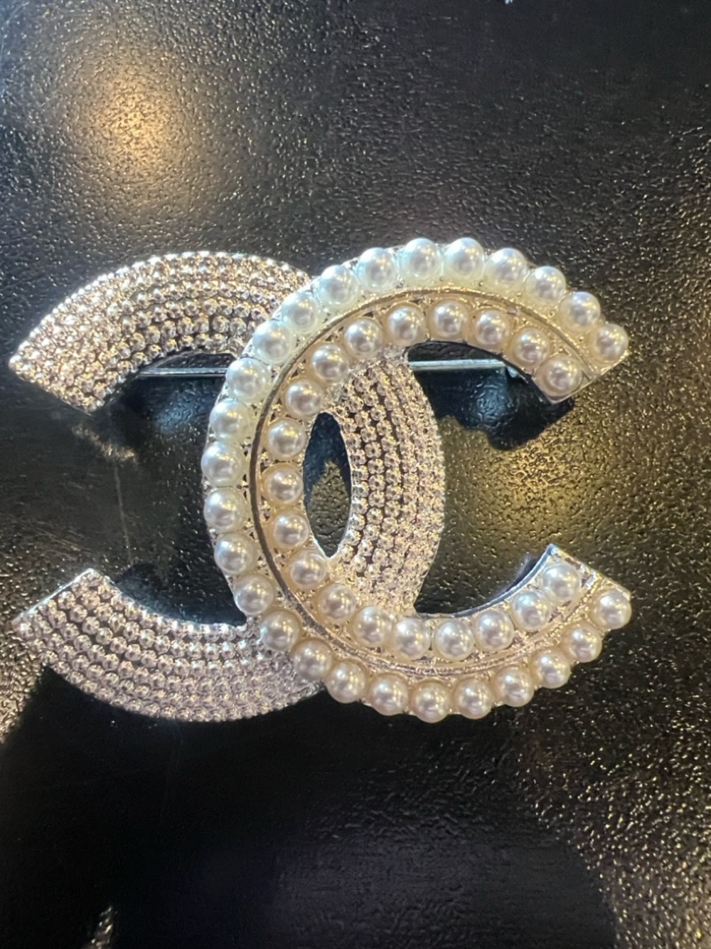 CHANEL Double CC Brooch with Pearls and Crystal Pavé - White and Silver